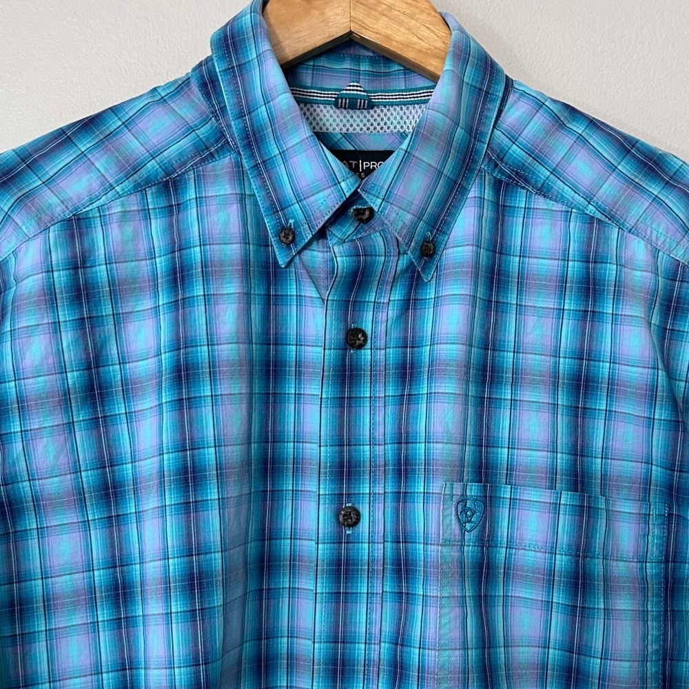 Ariat Pro Series Shirt Mens L Blue Plaid Short Sleeve Vented Western Button Up